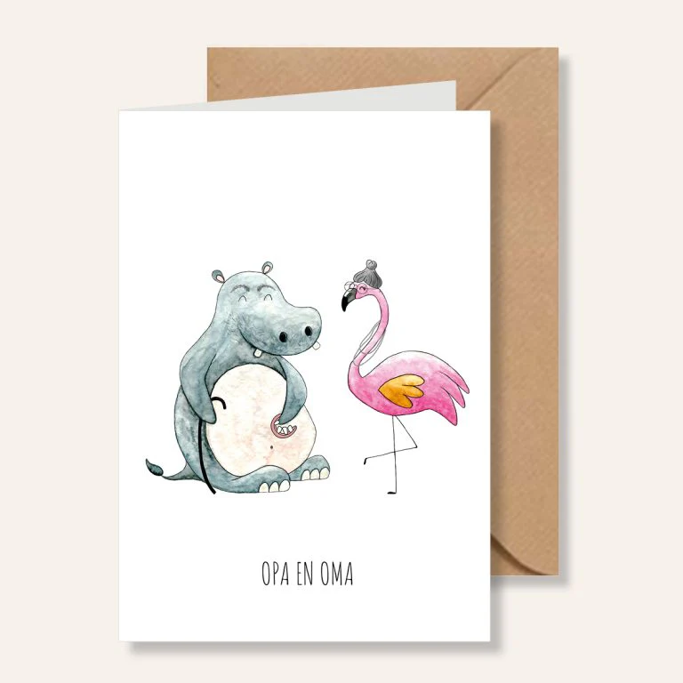 Kaart – Hoera opa en oma – Nijlpaard en Flamingo