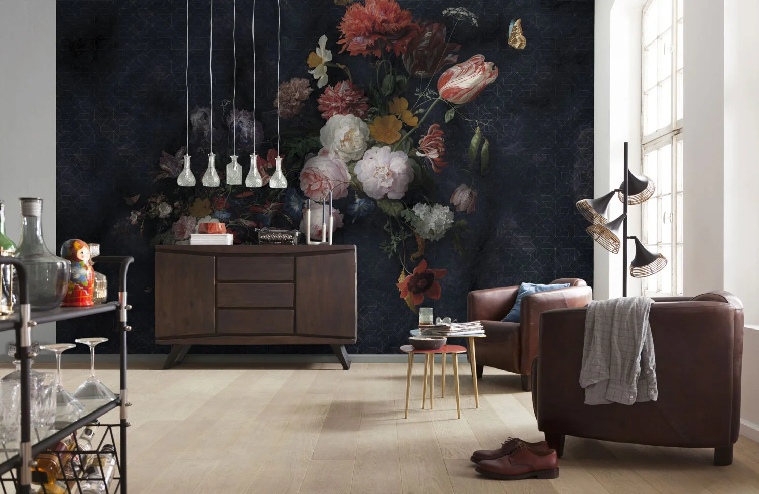 Komar fotobehang vintage bloemen multicolor op zwart – 350 x 250 cm –