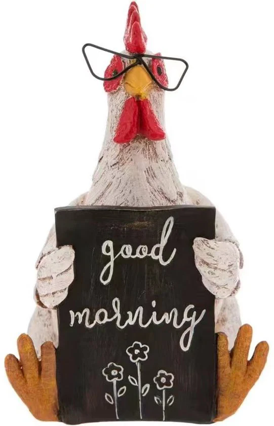 Decoratief Beeld-tuindecoratie kip-Creëer een levendige sfeer in je tuin – Duurzaam, Levendig en Veelzijdig, Haan met Bril “Good Morning” – 16,5 cm