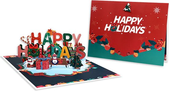 Luxe 3D Pop-up Kerstkaart – Happy Holidays Design met Pinguïns, Envelop en Boodschapkaart