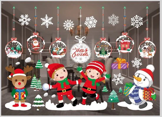 Kerst Raamstickers met Sneeuwpop, Kerstfiguren en Sneeuwvlokken- Herbruikbaar en Statisch-35.5*50cm