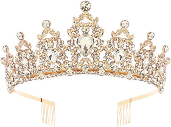 Luxe Gouden Kroon met Witte Diamanten – Perfect voor Verjaardagen, Huwelijksfeesten en Gala’s