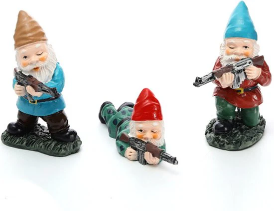 3delige Set Gedetailleerde Militaire Gevechtstuinkabouters in Diverse Poses – Decoratief Beeldje