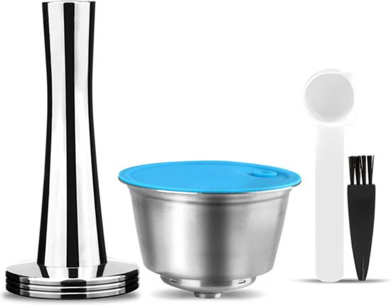 4 delige Herbruikbare RVS Dolce Gusto Capsule Set met Tamper, Maatschep en Reinigingsborstel – Duurzaam, Milieuvriendelijk en Kostenbesparend