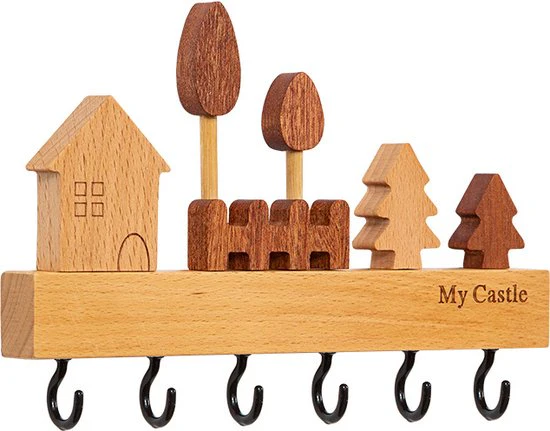 Houten Sleutelhanger – Uniek Design met 6 Metalen Haken – Compact en Decoratief-22.5x2x14.5cm