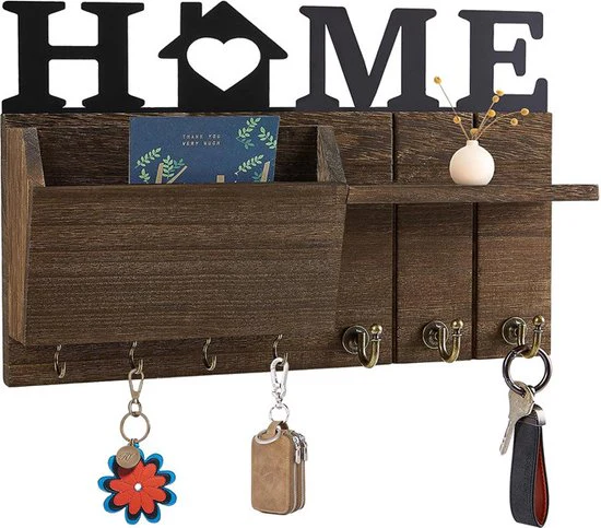 Grote Stijlvolle Wandgemonteerde Sleutelhouder met ‘HOME’ Design – Functionaliteit en Esthetiek in Eén-38*7.5*17cm-donkerbruin
