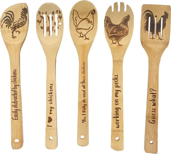 5-Delige Premium Bamboe kookgerei Set – Krasvrij & Hittebestendig met Unieke Kip Design