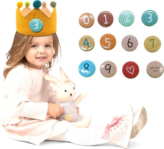 verjaardagskroon-koninklijke kroonvorm met leeftijd naar keuze van 1-9 jaar-Comfortabel Katoen – Elegant Design – Ultiem Comfort-geel