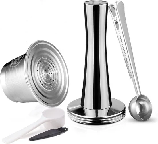 5 delige Herbruikbare RVS Nespresso Capsule Set met Tamper, Afsluitclip, Maatschep en Reinigingsborstel – Compleet en Duurzaam Koffiezetplezier