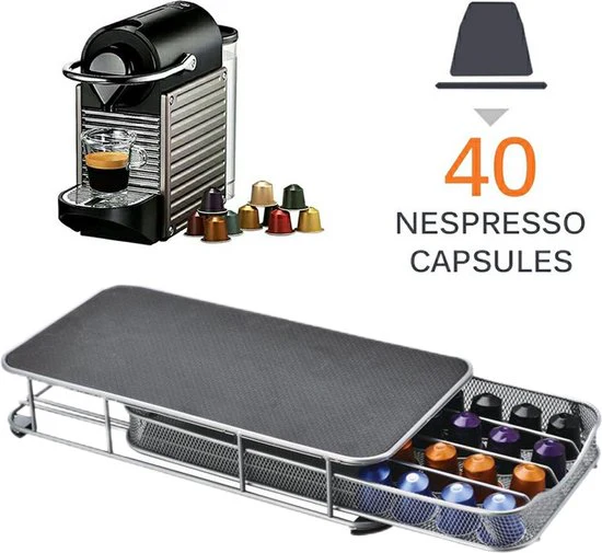 TDR – Capsule Houder met Lade – Geschikt voor Nespresso en compatible Capsules – Espresso Koffie Cups Houder – 40 Capsules – RVS – Zwart
