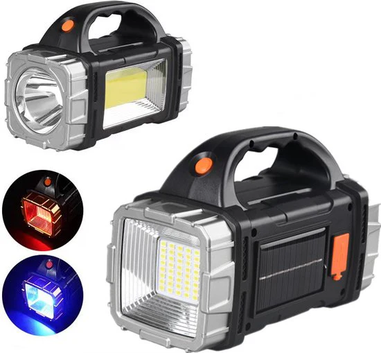 Multifunctionele LED zaklamp met Rood en Blauw Waarschuwingslicht- Perfect voor Outdoor, Kamperen, Wandelen – 1500mAh, 100m Bereik, Solar & USB Oplaadbaar-zwart/zilver
