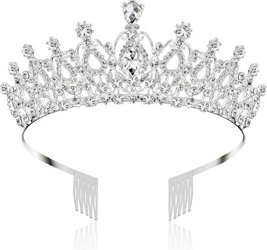 Betoverende diadeem Kroon met twee prachtige grote kristallen – Zijdelingse Kammen – Schitterende Accessoire voor Speciale Gelegenheden-zilver