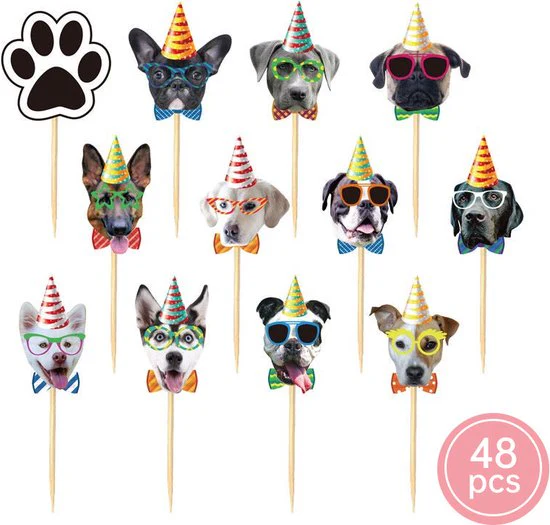 48 delig cup cake/fruit prikkers – Thema: hond -voor decoreren van cake, fruit, cup cake, muffin en andere desserts