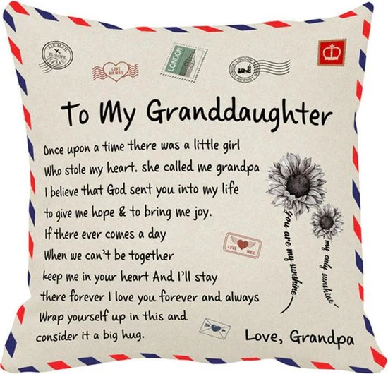 TDR – Sierkussensloop – 45×45 cm  – leuk als cadeau voor grootvader naar kleindochter –  “To my granddaugher”