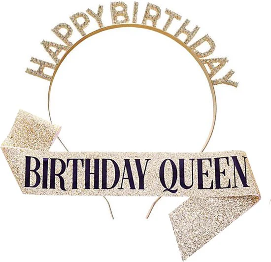 Happy Birthday Tiara en Sjerp-Met text “Birthday Queen”- Ideaal als Cadeau voor Verjaardagen-birthday diadeem-goud