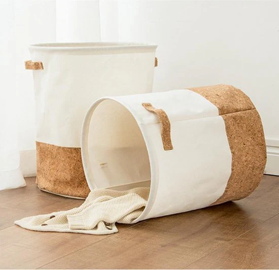 TDR – Katoenlinnen Opbergmand – Waterafstotende Binnenlaag – Speelgoedmand, Wasmand, handvaten , Opvouwbaar – 49 Liter – Wit & Kurk