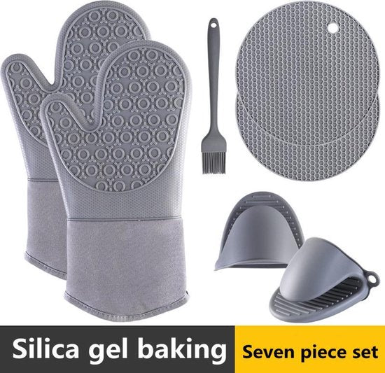 TDR-Extra lange warmte-isolerende siliconen handschoenen voor bakken en koken-compleet set  7-delige – grijs