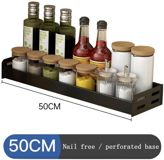 Kruidenrek / Opbergrek – RVS – Perforatievrij aan de muur gemonteerd – 50x13x6 cm – Zwart