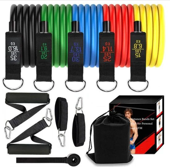 TDR – 11 Stuks Fitness oefenbandenset Elastiek – Weerstandsbanden Set