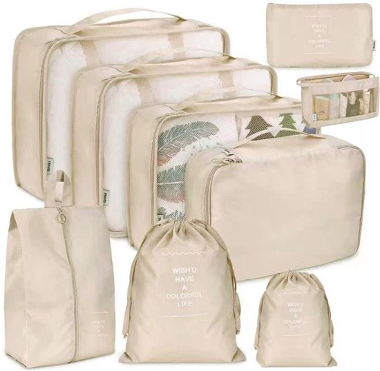 9 delige reisopbergtassenset-Packing Cubes-Bagage organizers- Duurzaamheid en Stijlvol Reizen-ivoorwit