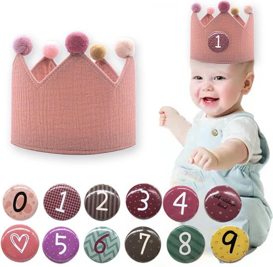 verjaardagskroon-koninklijke kroonvorm met leeftijd naar keuze van 1-9 jaar-Comfortabel Katoen – Elegant Design – Ultiem Comfort-pink