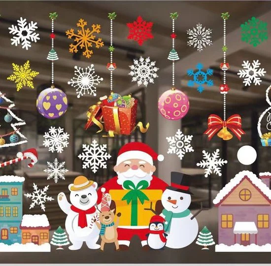 Kerst Raamstickers met kerstman ,sneeuwpoppen en Kerstfiguren – Herbruikbaar en Statisch-35.5*50cm