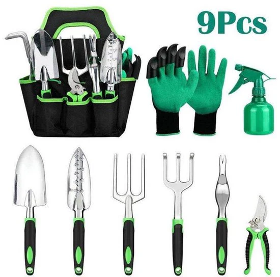 Tuingereedschap Set 9-Delig – Aluminium Tuingereedschapset met Draagtas – Snoeischaar, Schep, Hark & Meer – Tuinieren