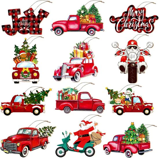 24-delige Houten Kerstdecoratieset – Nostalgische Rode Vrachtwagens met Feestelijke Details-Unieke Hangdecoratie voor Kerstboom en Cadeaus