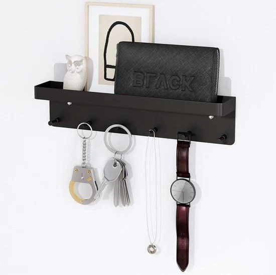 TDR – Sleutelrekje – 6 haakjes – met zelfklevende, en schroefbevestiging – RVS – 24,5 x 4.5 x 6 cm – Zwart