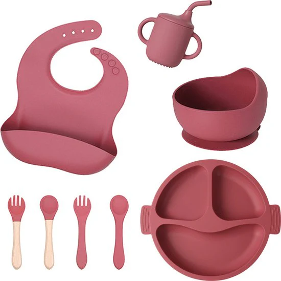 8 delig Complete Baby Eetserviesset voor Baby’s van 3 Maanden en Ouder-bordeaux rood