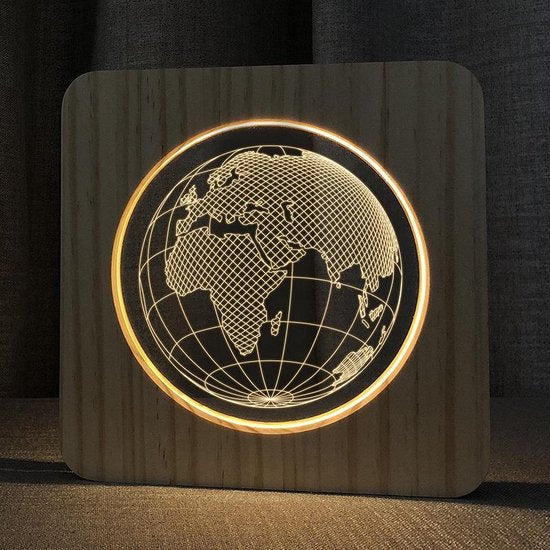 Houten Tafellamp / Nachtlamp – LED – 3D – Wereldbol figuur