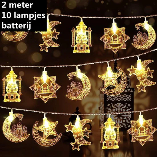 Magische LED-Lichtslinger | Feestelijk & Sfeervol | Perfect voor Ramadan & Eid | 2m, 10 LED’s met Sterren, Manen & Kastelen-Warm Wit licht