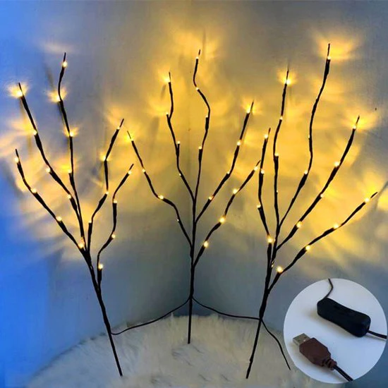 Natuurlijke Elegante Wilgentaklamp met USB-lichttakken – 60 Warm Witte LED’s – 70 cm Hoogte – 3 Takken