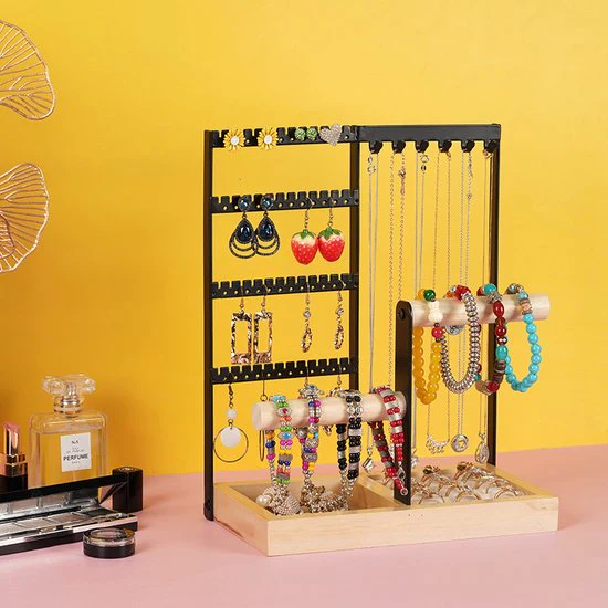 Hoogwaardig Sieradennrek met 48 Oorgaatjes, 6 Haakjes voor Ketting, 2 Armbandstandaards en een Handig Ringenvak – Stijlvolle Opbergruimte voor Elke Sieradencollectie