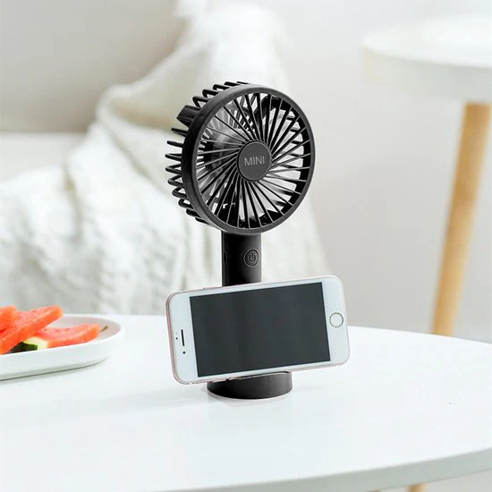 Draagbare Ventilator – oplaadbaar met USB – kan mobiel op voet plaatsen – perfect voor op op reis, buiten met warm weer – zwart
