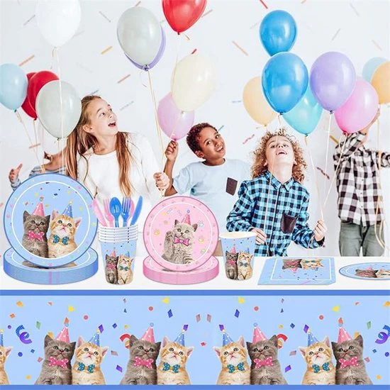 113 delig verjaardagset – Thema: Kat – met kopjes, bestek en tafelkleed –  Versiering voor feestjes, verjaardag – feestdecoratie