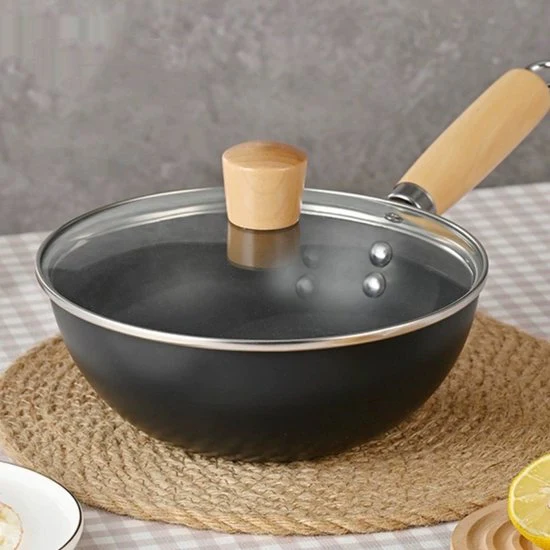 Traditionele Smeedijzeren Wokpan 20 cm met Deksel – Visgraat Non-Stick Coating – Geschikt voor Inductie, Gas, Elektrisch en Keramisch Koken
