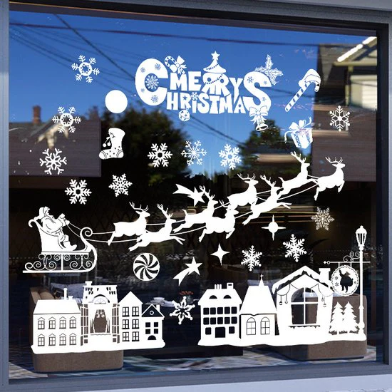 Kerst Raamstickers met Kerstdorp en Winterse Figuren – Herbruikbaar & Statisch Hechtend – 50×35.5 cm-wit