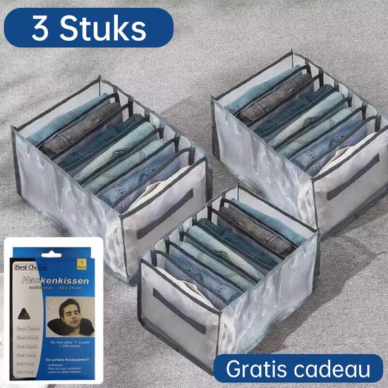 3 stuks Opbergdozen-lade-organizer voor jeans en broeken – grijs -groot maat 36*25*20 met gratis reiskussen