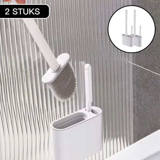 2 Stuks Antibacteriële Siliconen WC-borstel Set met Platte Brede en Ronde Borstelharen – Inclusief Borstelhouder – grijs