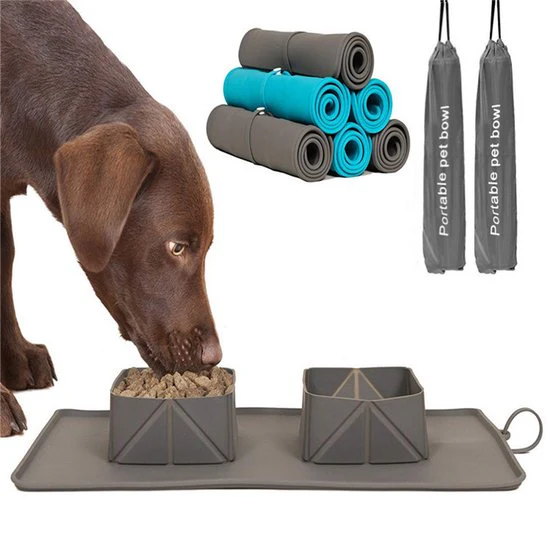 Opvouwbare Outdoor Draagbare Voerbak voor Huisdieren -katten en honden drinkbak- ideaal voor op reis en onderweg – met draagtas-Grijs 38X23.5cm