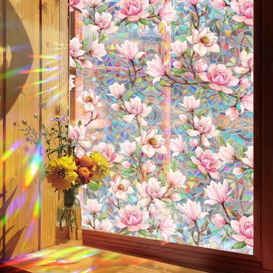 Milieuvriendelijke PVC Glasfolie – Kleurrijk Magnolia patroon – Zelfklevend – Privacy en UV Bescherming – 40×100 cm