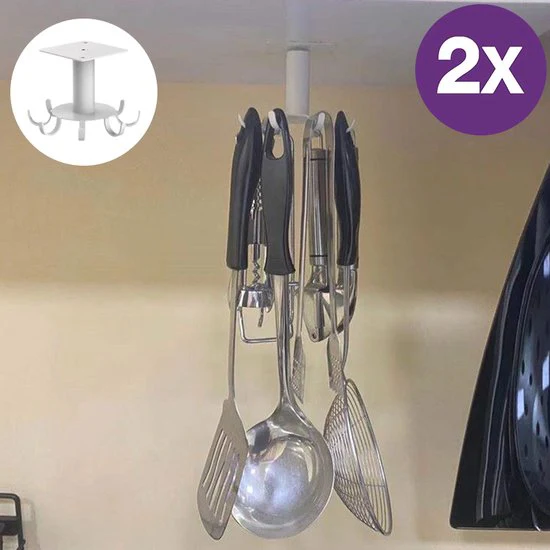 2 Stuks 360 ° Keuken opslaghaak-roterend rek met 8 haken-Multifunctioneel rek-Roestvrijstaal-Keukengereirek-Opbergsysteem-wit