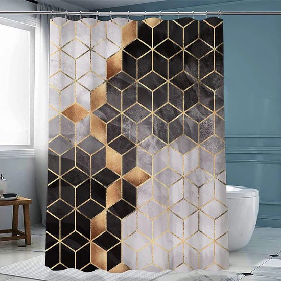 Waterdicht douchegordijn met marmerpatroon – Luxe uitstraling, Uitstekende waterbestendigheid, Eenvoudig te installeren 180*200CM-bruin/goud