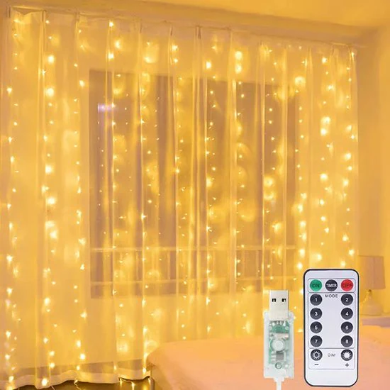 LED-lichtgordijn – Decoratief Gordijn met 300 LED’s – Waterdicht – 8 Modi Afstandsbediening met USB-aansluiting voor Binnen en Buiten – 3m x 3m