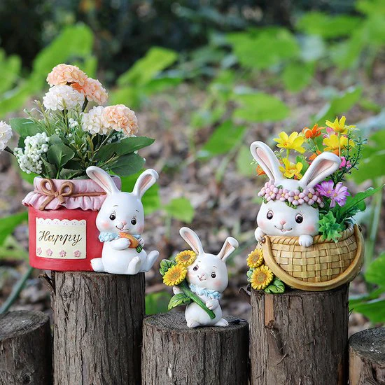 3delige Schattig konijn ornament voor tuin, balkon en binnenruimtes – kan worden gebruikt als bloempot – gemaakt van hoogwaardig hars