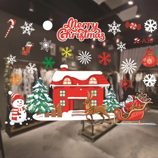 Kerst Raamstickers met Kerstman ,kerstbomen en sneeuwpop – Herbruikbaar & Statisch Hechtend – 50×35.5 cm
