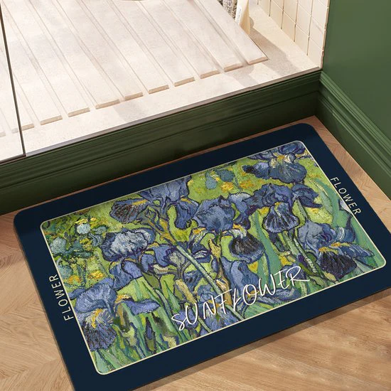 Kunstzinnige Antislip Badmat – Vincent van Gogh’s “Irissen” – Luxe Siliconen Diatomeeënaarde Mat – 39,5×59 cm