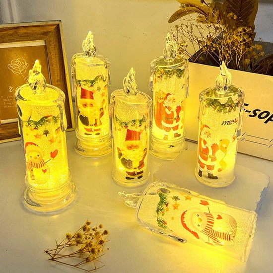 6-delige kerstdecoratie LED-kaarsenset – Sneeuwman & Kerstman motieven- Kerstcadeau – 6,5*18,5cm