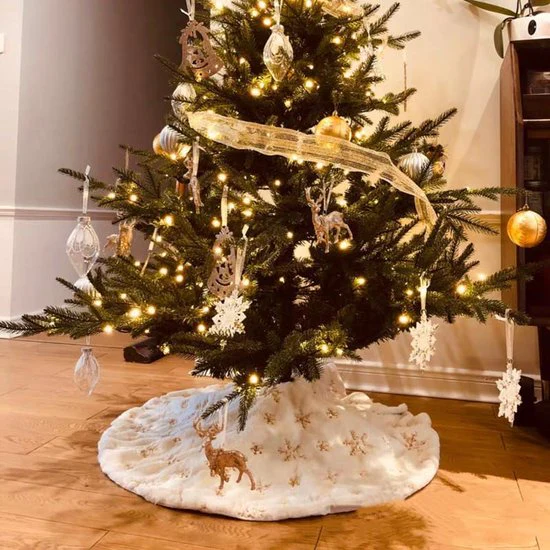 TDR – Duurzame Pailletten Geborduurde Kerstboom Rok – 122cm – Wit sneeuw en goud accenten
